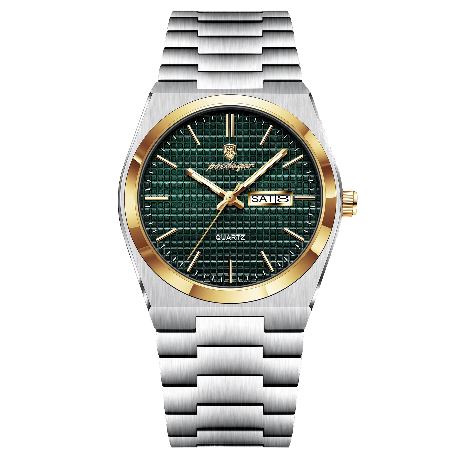 POEDAGAR 821S quartz watch with green dial, gold bezel and silver bracelet, front view