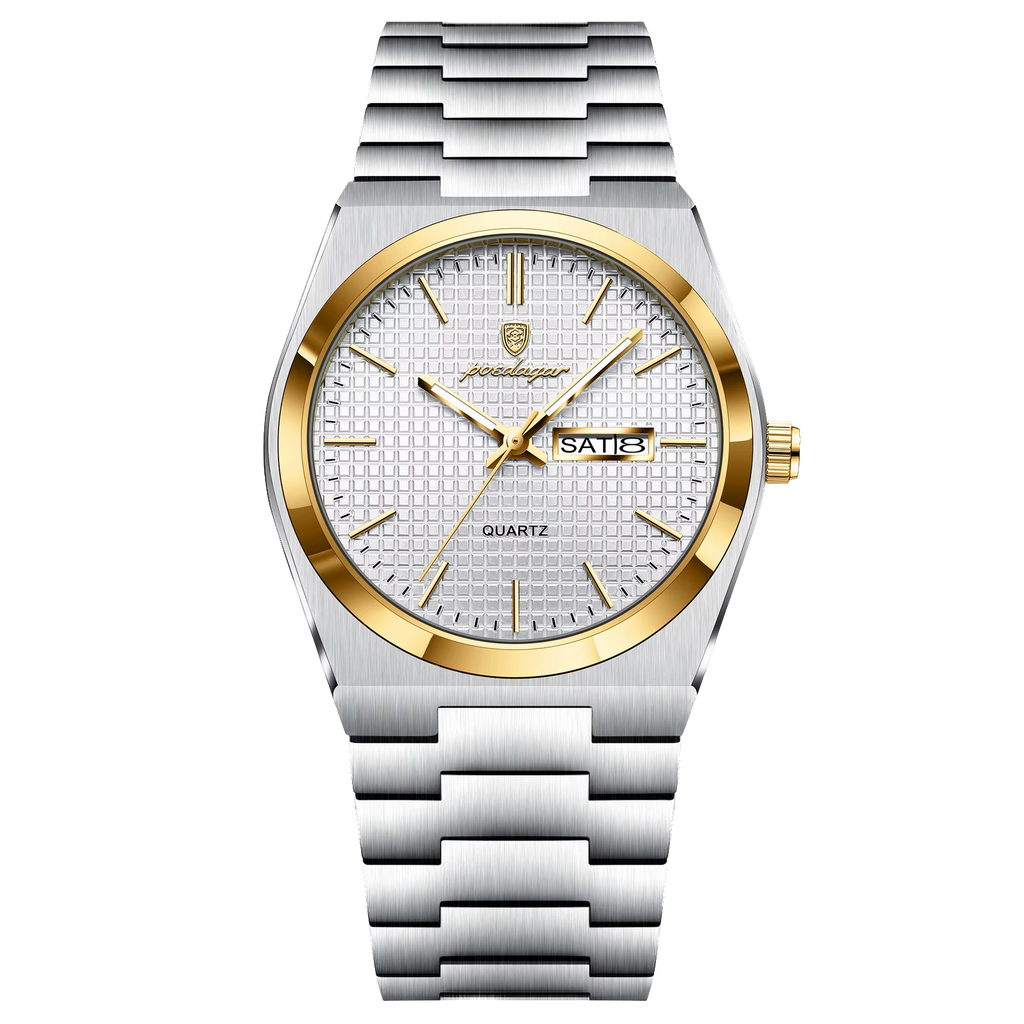 POEDAGAR 821S quartz watch with white dial, gold bezel and silver bracelet, front view