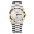 POEDAGAR 821S quartz watch with white dial, gold bezel and silver bracelet, front view