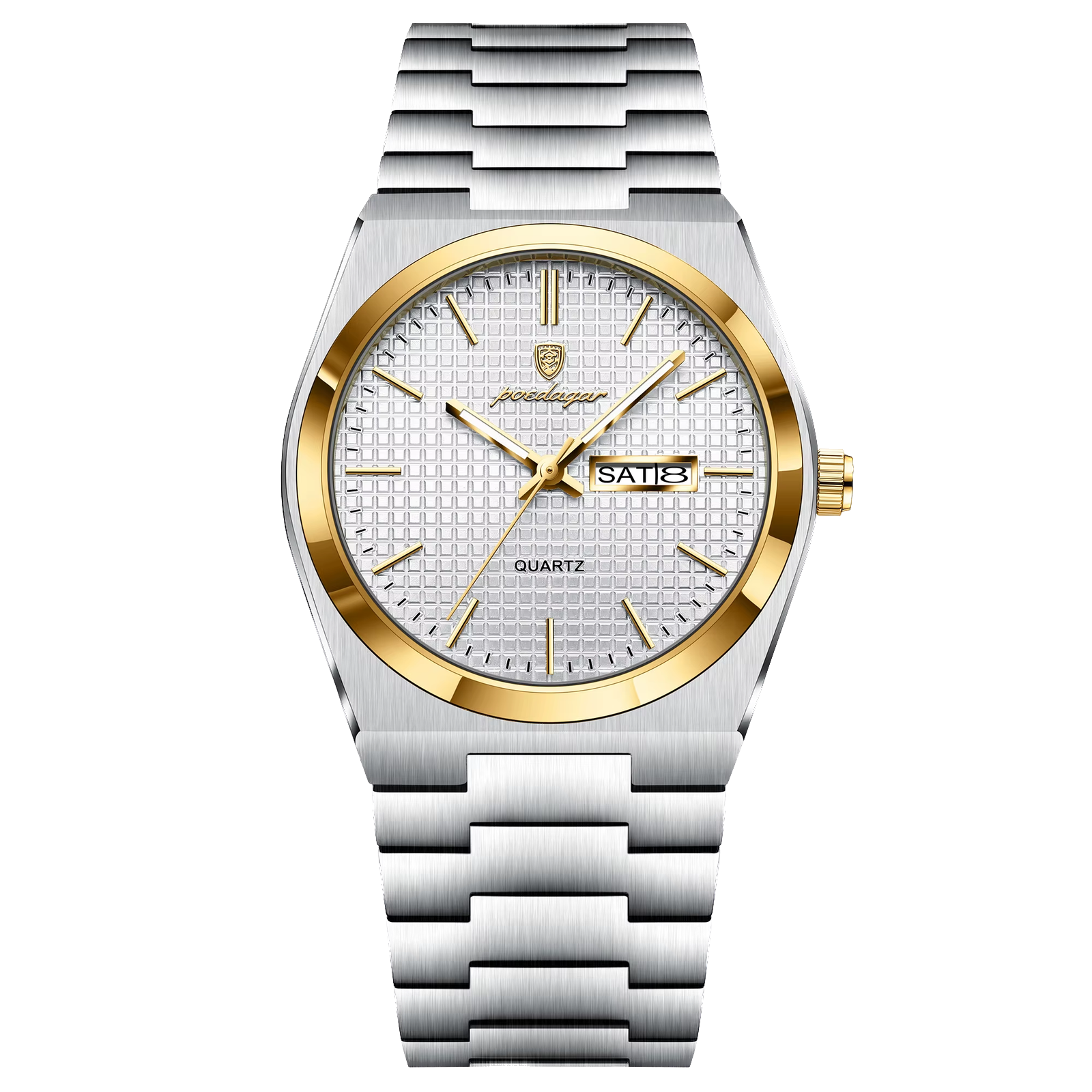 POEDAGAR 821S quartz watch with white dial, gold bezel and silver bracelet, front view