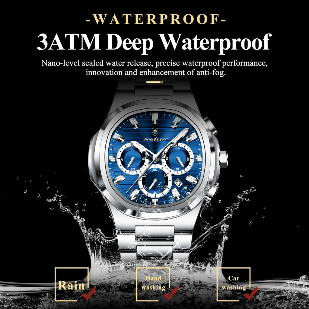 POEDAGAR 834 chronograph 3ATM waterproof specification graphic with water splash