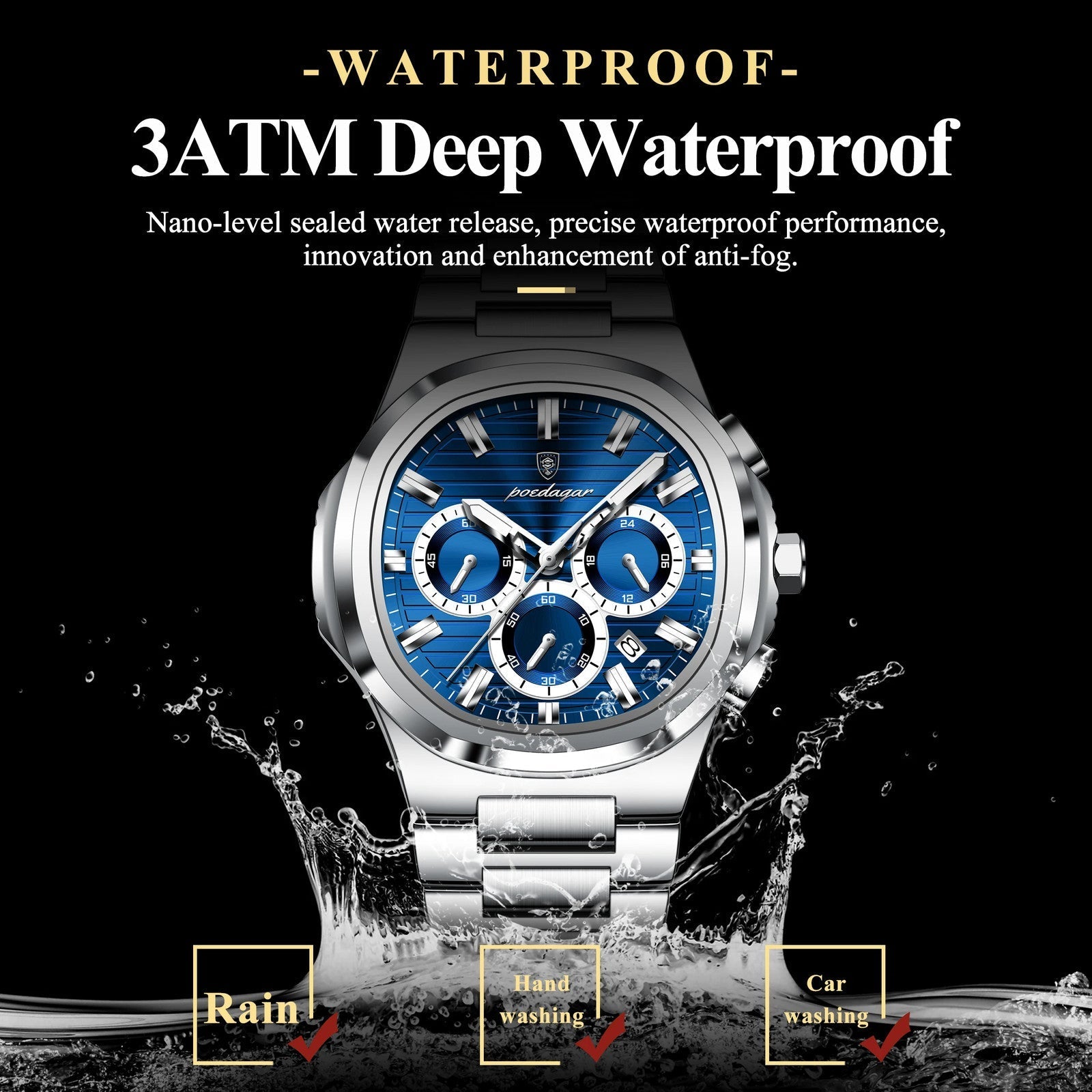 POEDAGAR 834 chronograph 3ATM waterproof specification graphic with water splash