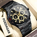 POEDAGAR 834 mens chronograph quartz watch with black dial black case and bracelet with gold accents