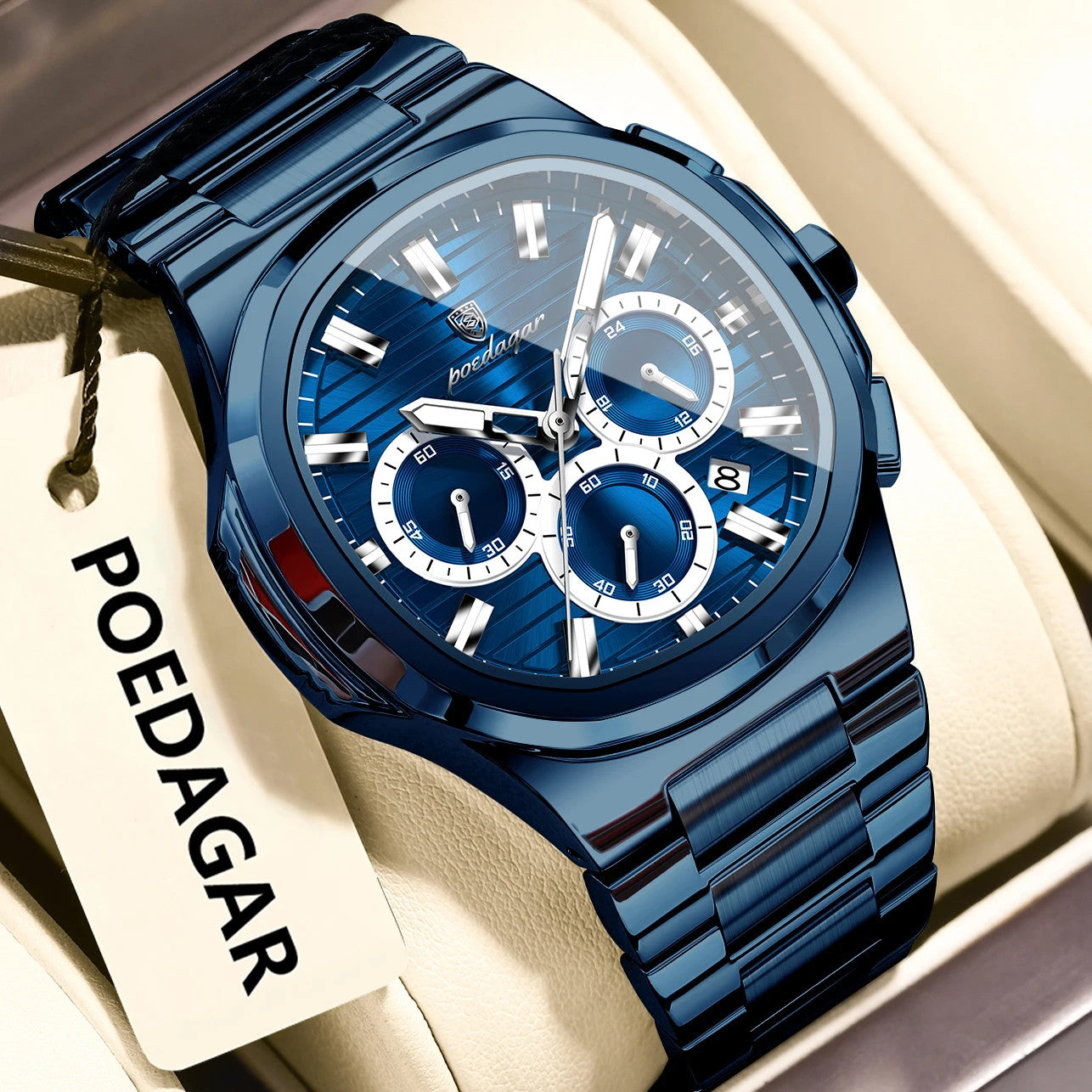 POEDAGAR 834 mens chronograph quartz watch with all-blue case dial and bracelet on display cushion