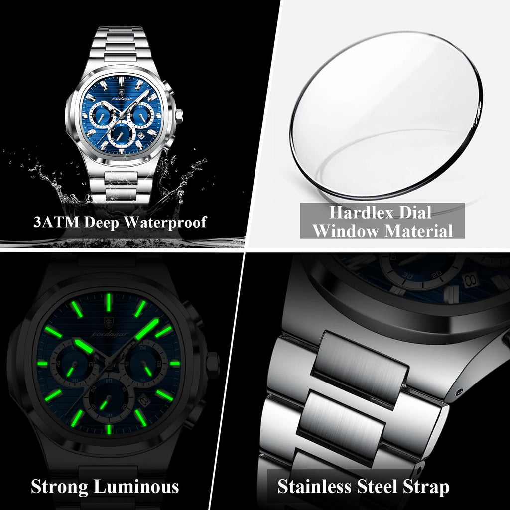 POEDAGAR 834 chronograph feature graphic showing waterproof, hardlex, luminous and steel strap