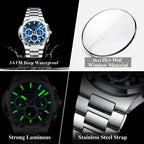 POEDAGAR 834 chronograph feature graphic showing waterproof, hardlex, luminous and steel strap