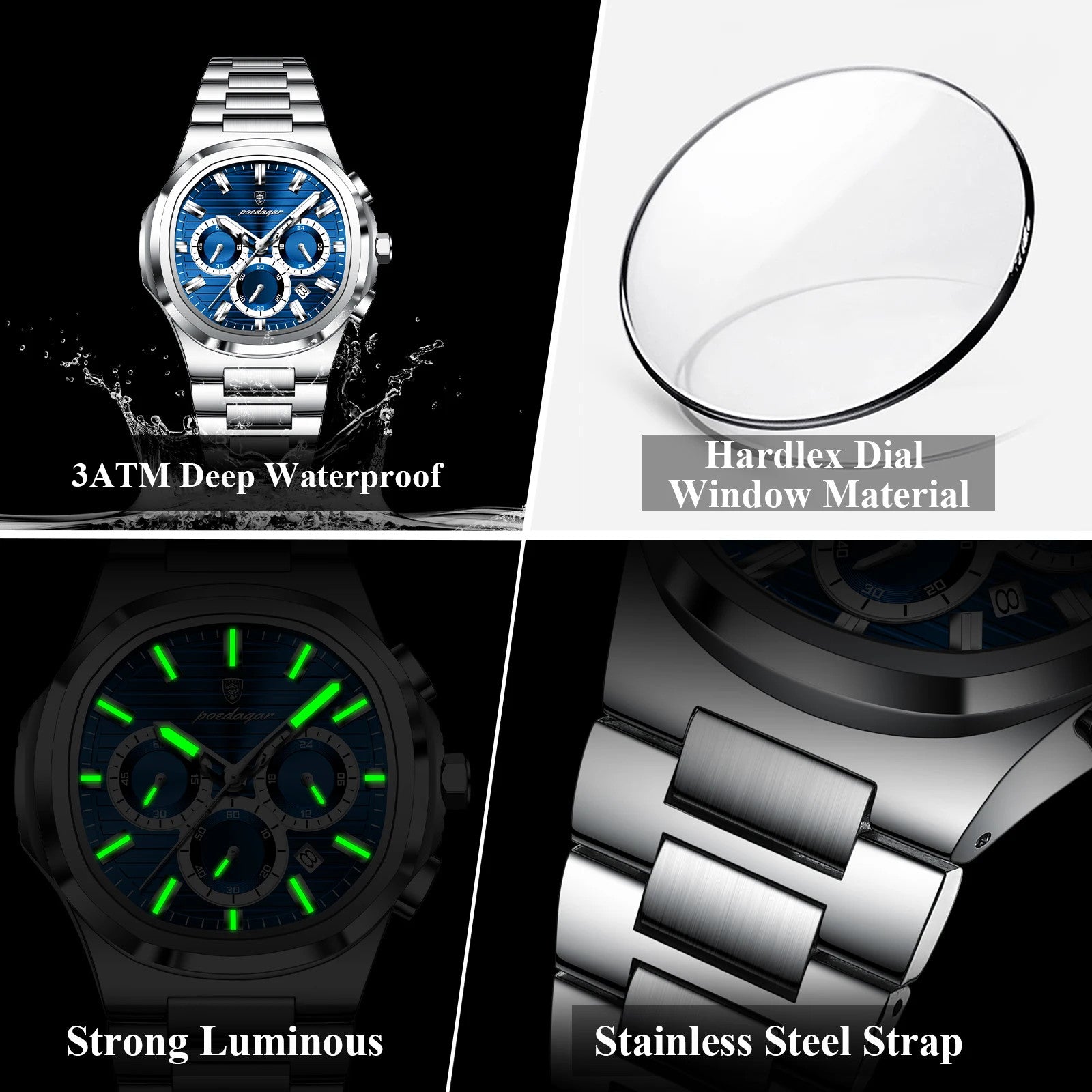 POEDAGAR 834 chronograph feature graphic showing waterproof, hardlex, luminous and steel strap