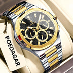 POEDAGAR 834 mens chronograph quartz watch with black dial two-tone gold case and bracelet on display