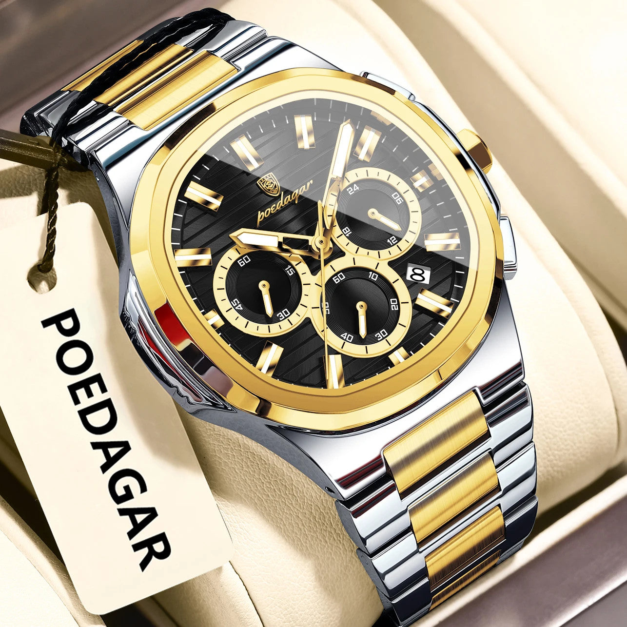 POEDAGAR 834 mens chronograph quartz watch with black dial two-tone gold case and bracelet on display