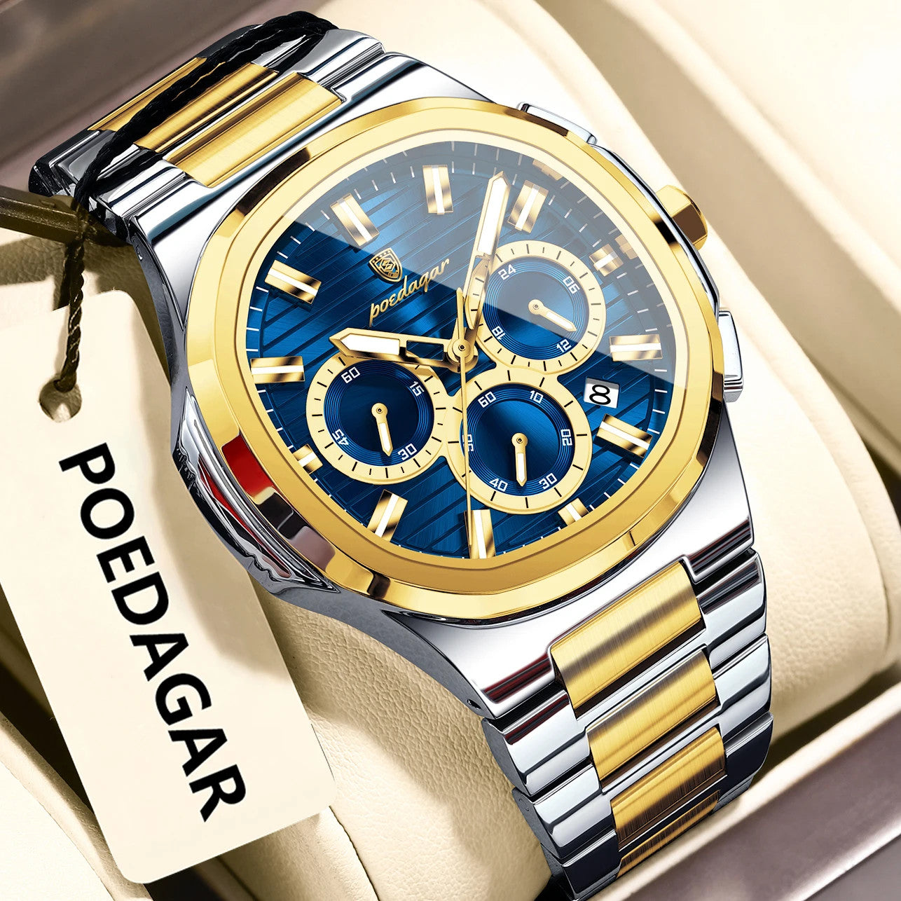 POEDAGAR 834 mens chronograph quartz watch with blue dial two-tone gold case and bracelet on display