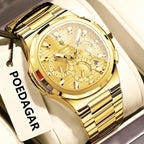 POEDAGAR 834 mens chronograph quartz watch with gold dial all-gold case and bracelet on display