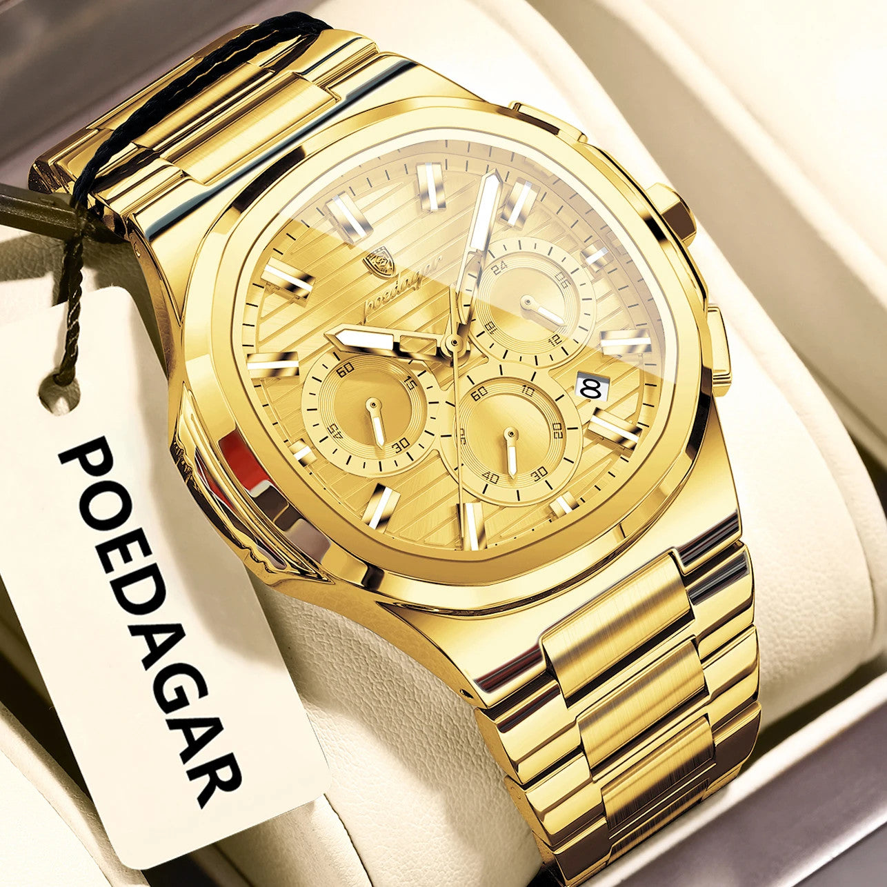 POEDAGAR 834 mens chronograph quartz watch with gold dial all-gold case and bracelet on display