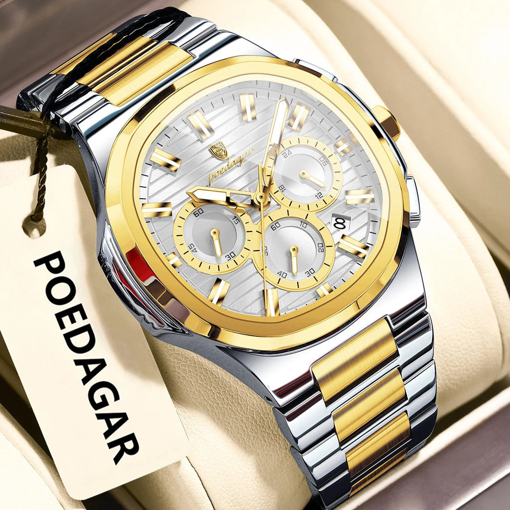 POEDAGAR 834 mens chronograph quartz watch with white dial two-tone gold case and bracelet on display