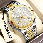 POEDAGAR 834 mens chronograph quartz watch with white dial two-tone gold case and bracelet on display