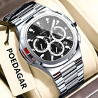 POEDAGAR 834 mens chronograph quartz watch with black dial silver case and steel bracelet on display