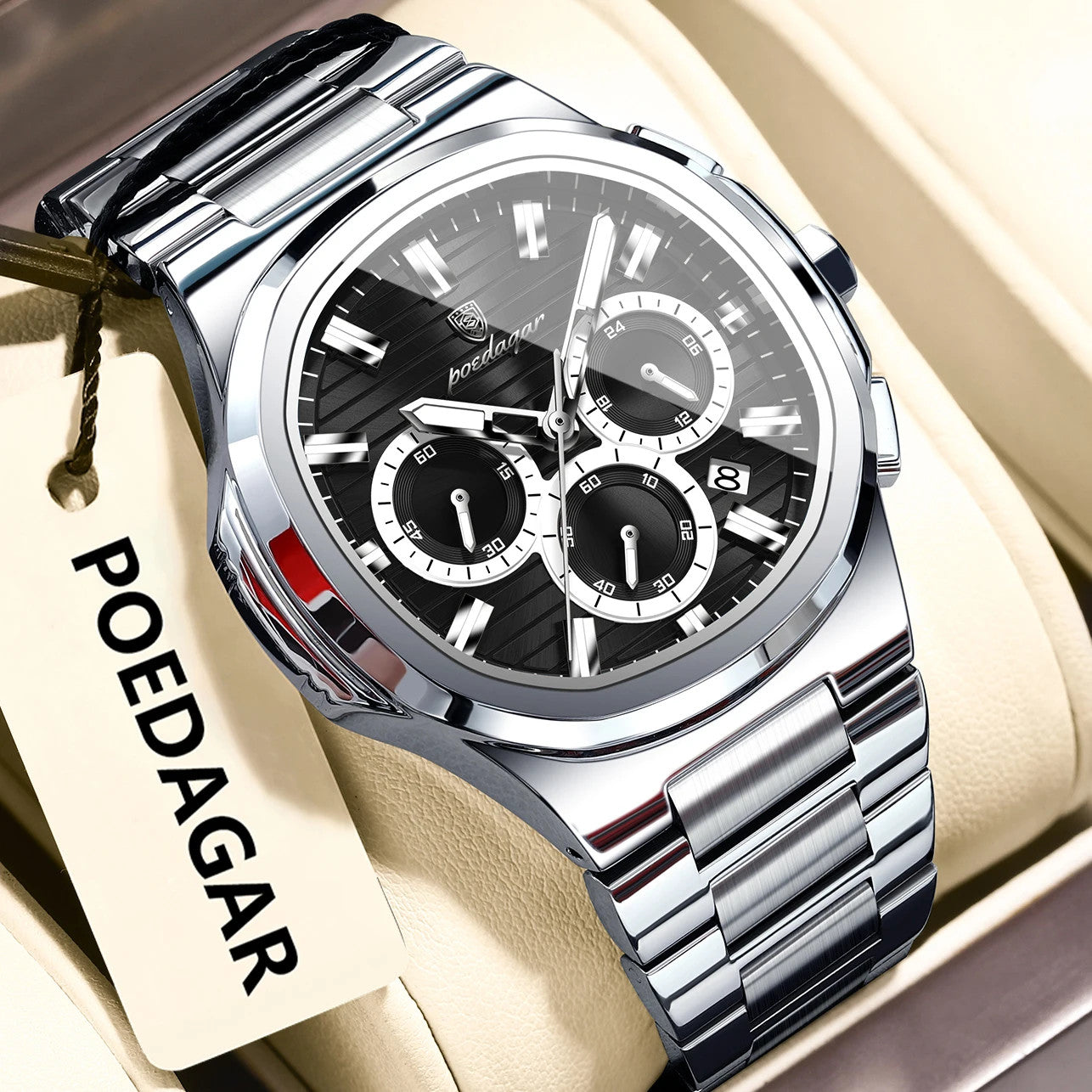 POEDAGAR 834 mens chronograph quartz watch with black dial silver case and steel bracelet on display