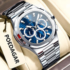 POEDAGAR 834 mens chronograph quartz watch with blue dial silver case and steel bracelet on display
