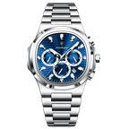 POEDAGAR 834 men's chronograph watch with blue dial and silver bracelet, front view