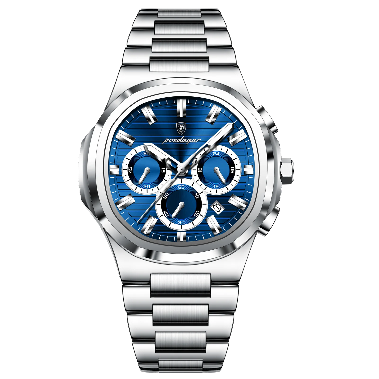 POEDAGAR 834 men's chronograph watch with blue dial and silver bracelet, front view