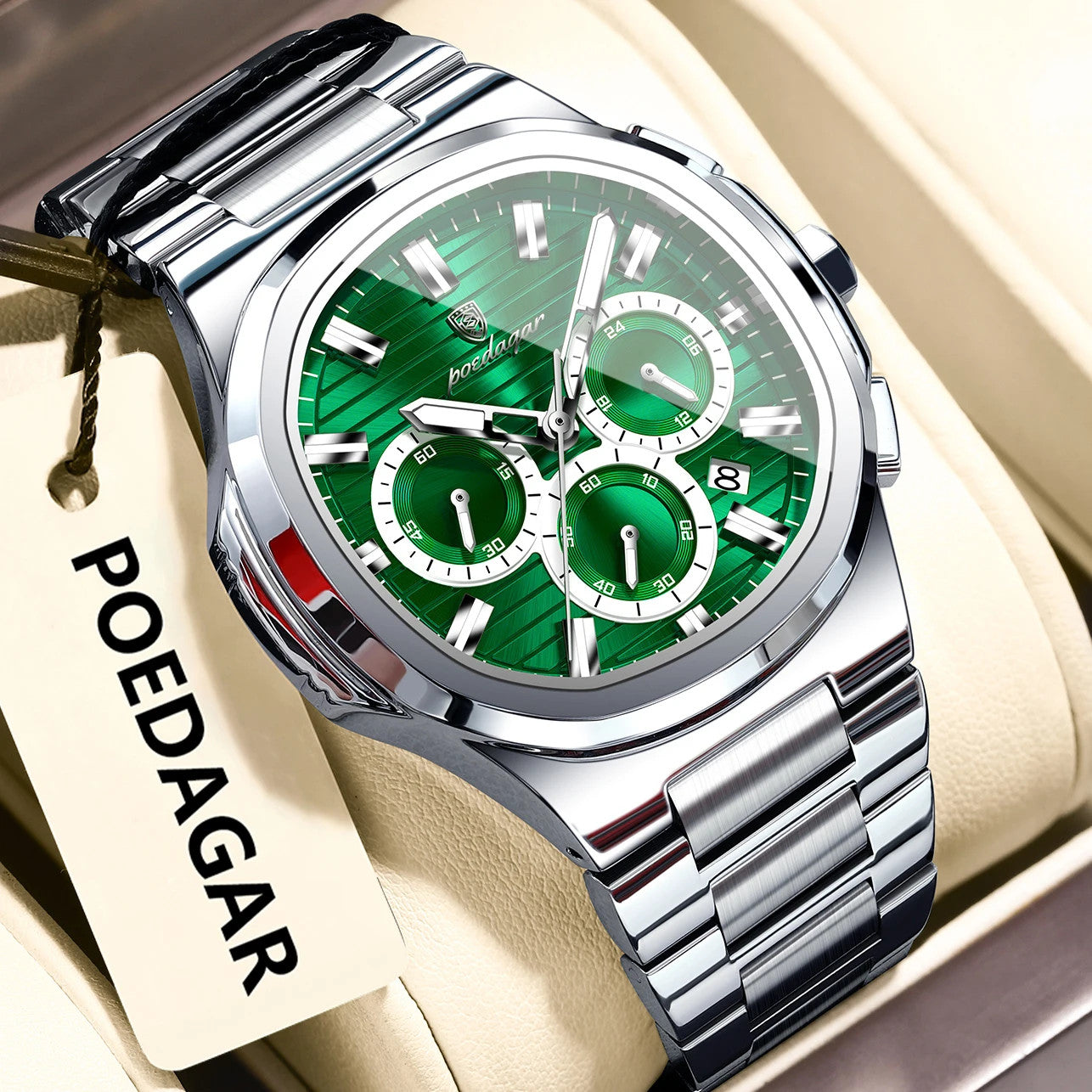 POEDAGAR 834 mens chronograph quartz watch with green dial silver case and steel bracelet on display
