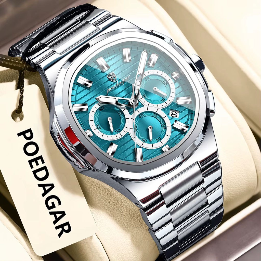 POEDAGAR 834 mens chronograph quartz watch with mint blue dial silver case and steel bracelet on display