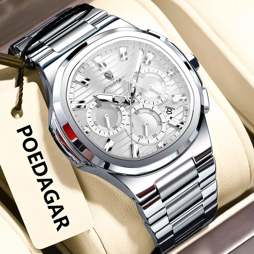 POEDAGAR 834 mens chronograph quartz watch with white dial silver case and steel bracelet on display