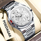 POEDAGAR 834 mens chronograph quartz watch with white dial silver case and steel bracelet on display