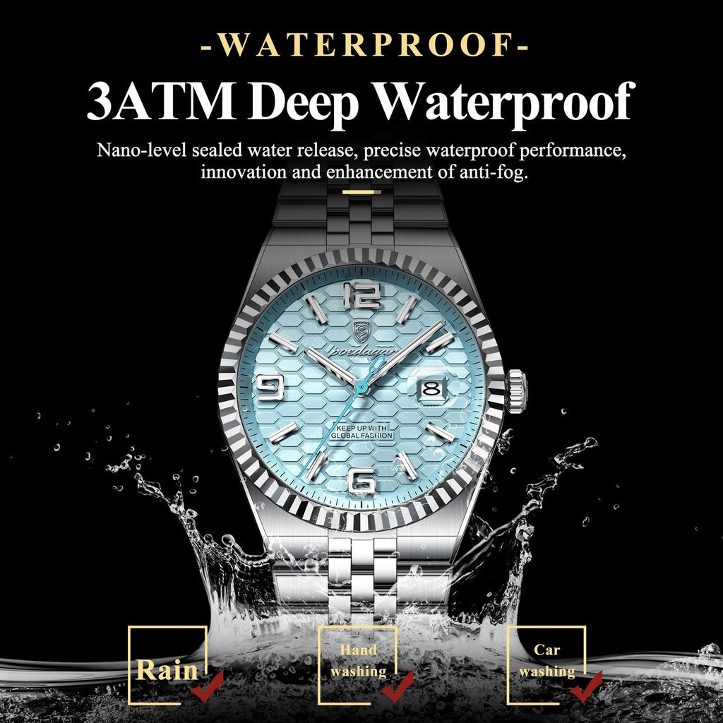 POEDAGAR 839 quartz 3ATM waterproof specification graphic with water splash