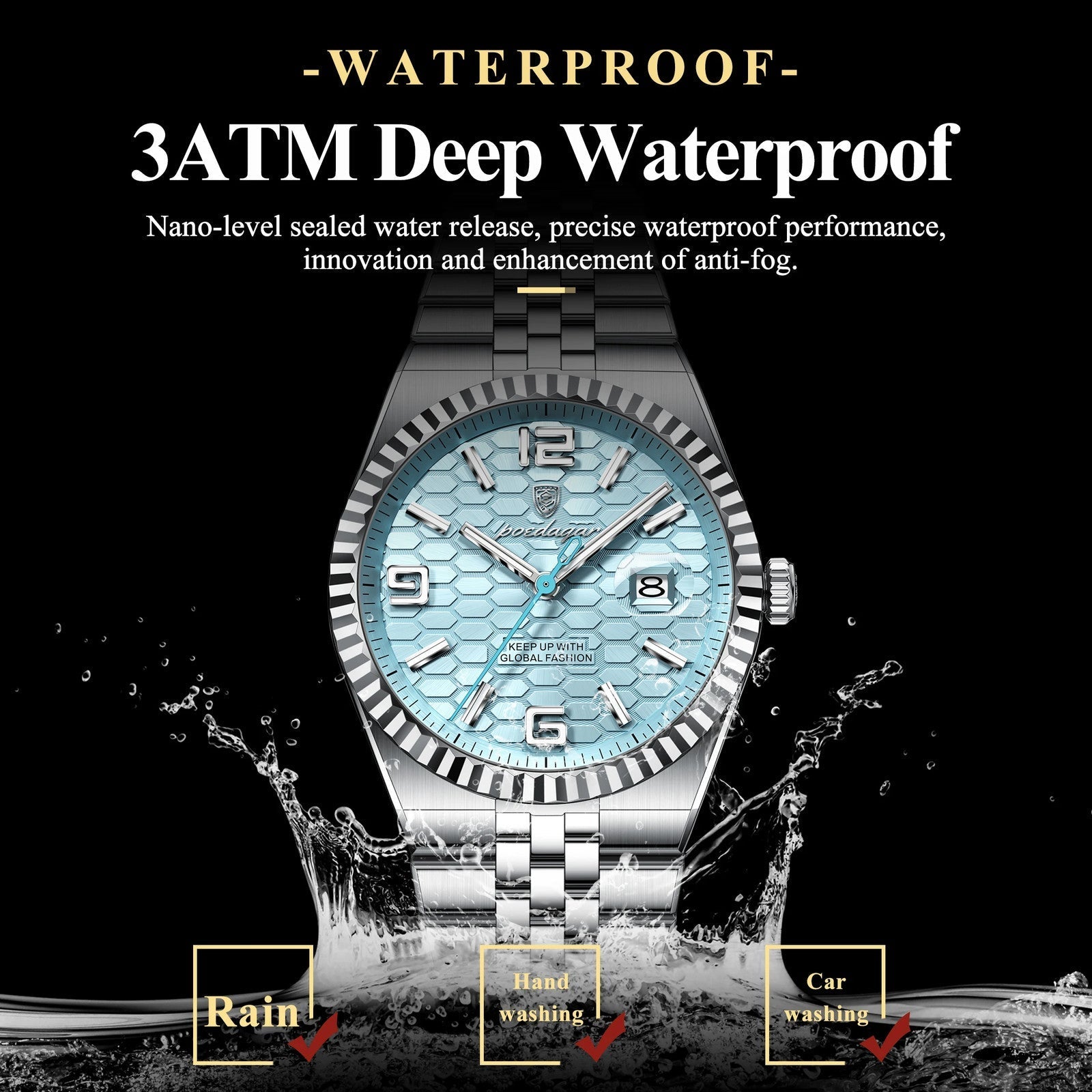 POEDAGAR 839 quartz 3ATM waterproof specification graphic with water splash