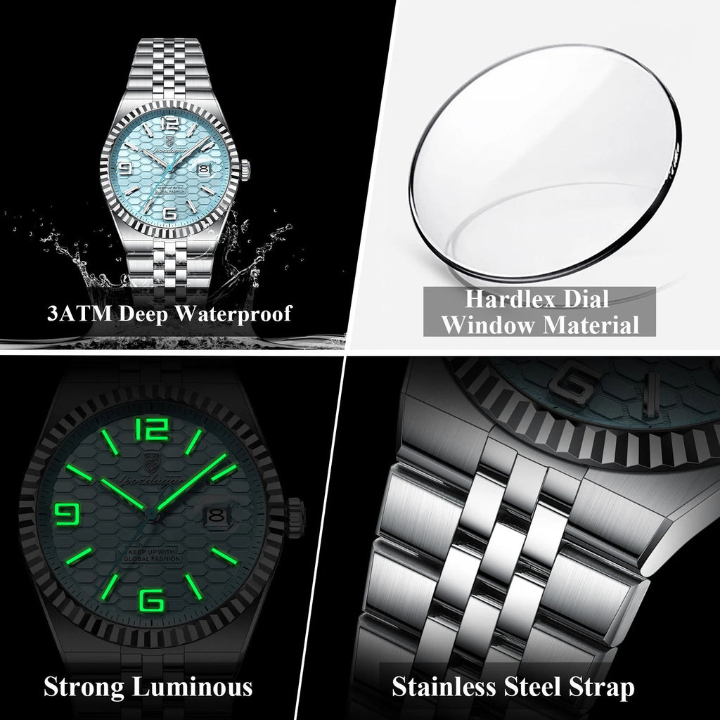 POEDAGAR 839 quartz watch features graphic showing waterproof, hardlex glass, luminous and steel bracelet