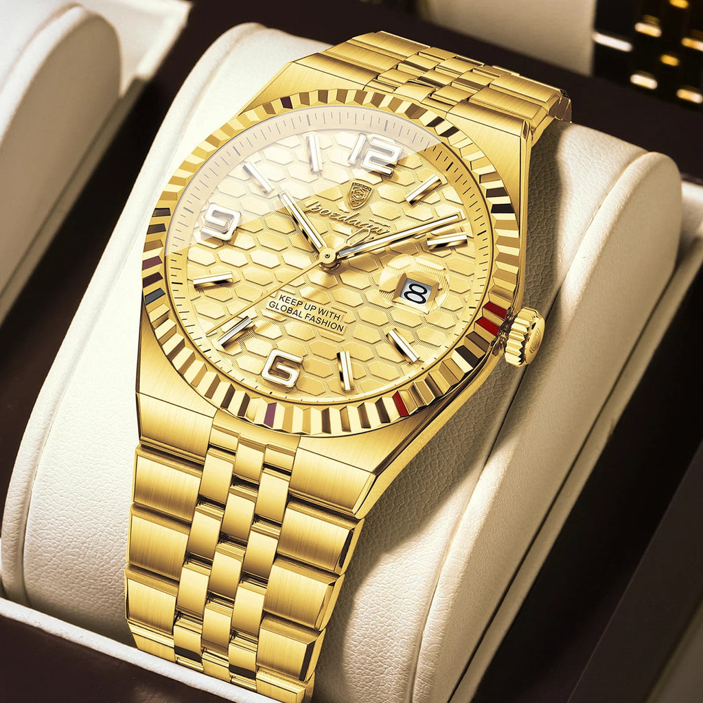 POEDAGAR 839 quartz watch with gold dial and gold steel bracelet, front view