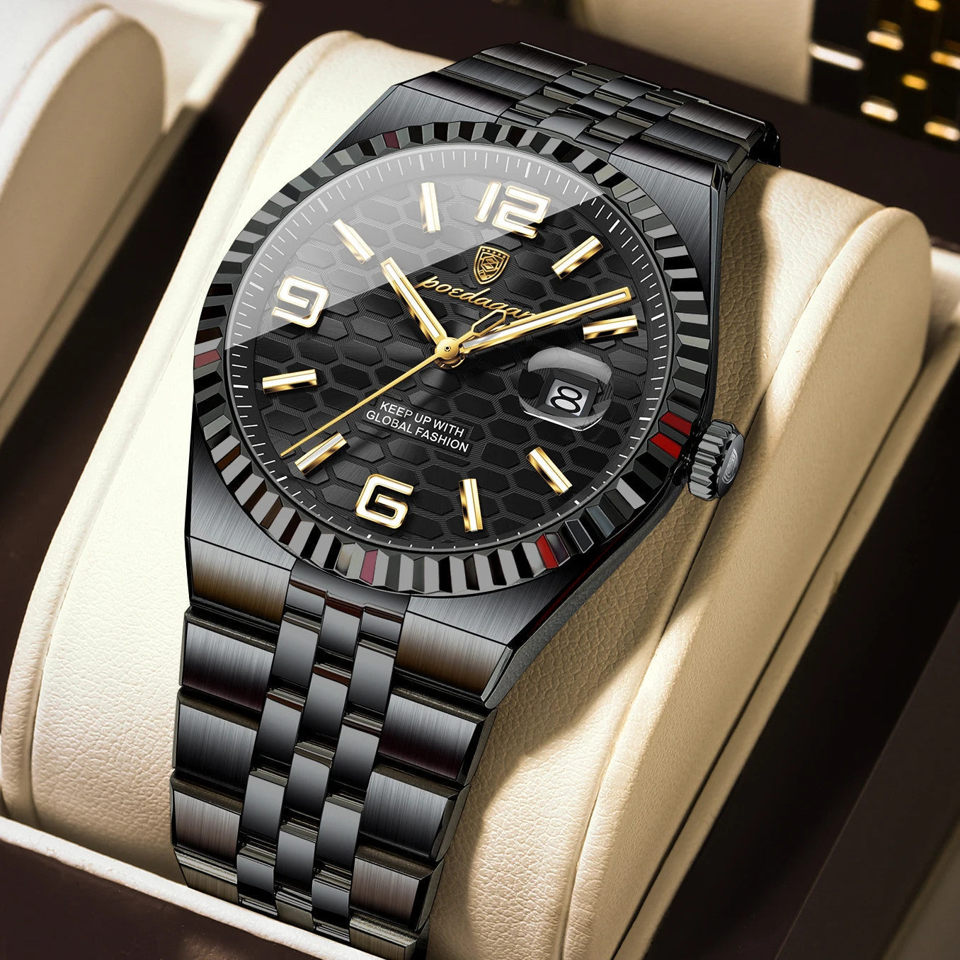 POEDAGAR 839 quartz watch with black dial and black steel bracelet, front view