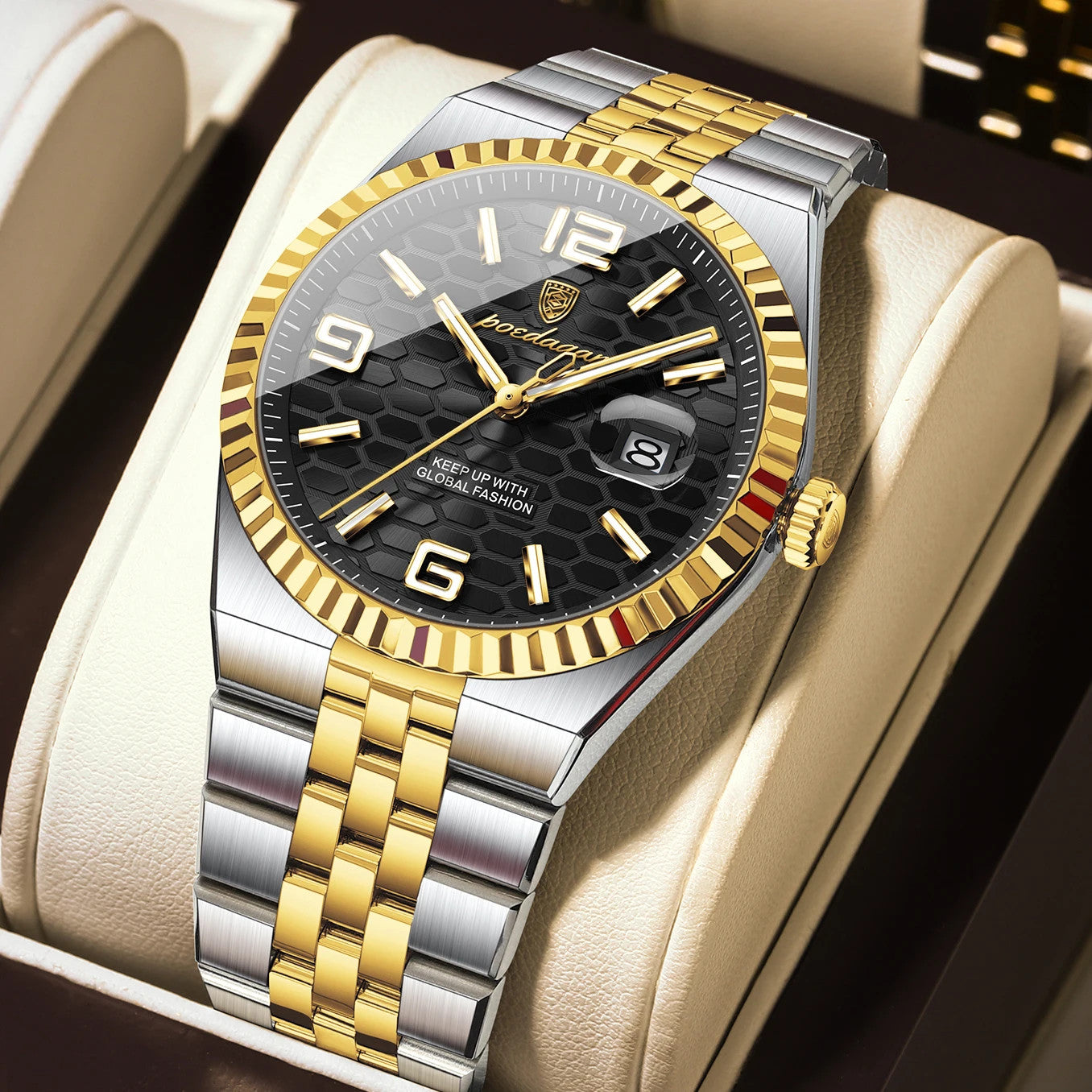 POEDAGAR 839 quartz watch with black dial and two-tone gold silver bracelet, front view
