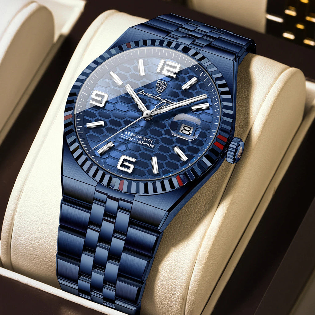 POEDAGAR 839 quartz watch with blue dial and blue steel bracelet, front view