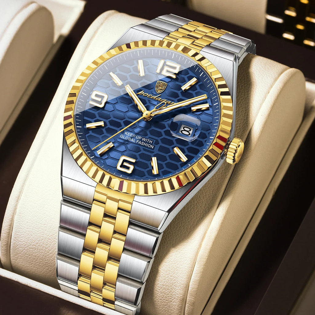 POEDAGAR 839 quartz watch with blue dial and two-tone gold silver bracelet, front view