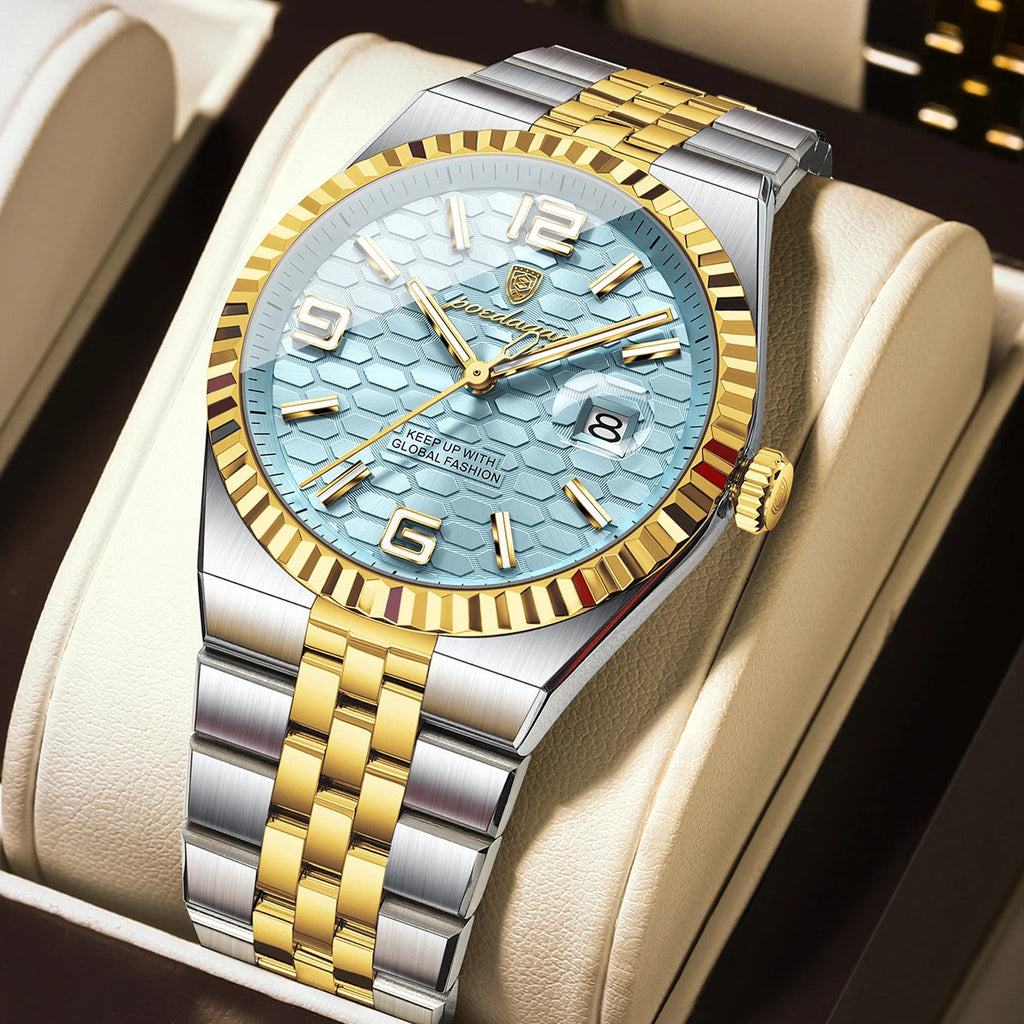 POEDAGAR 839 quartz watch with mint blue dial and two-tone gold silver bracelet, front view