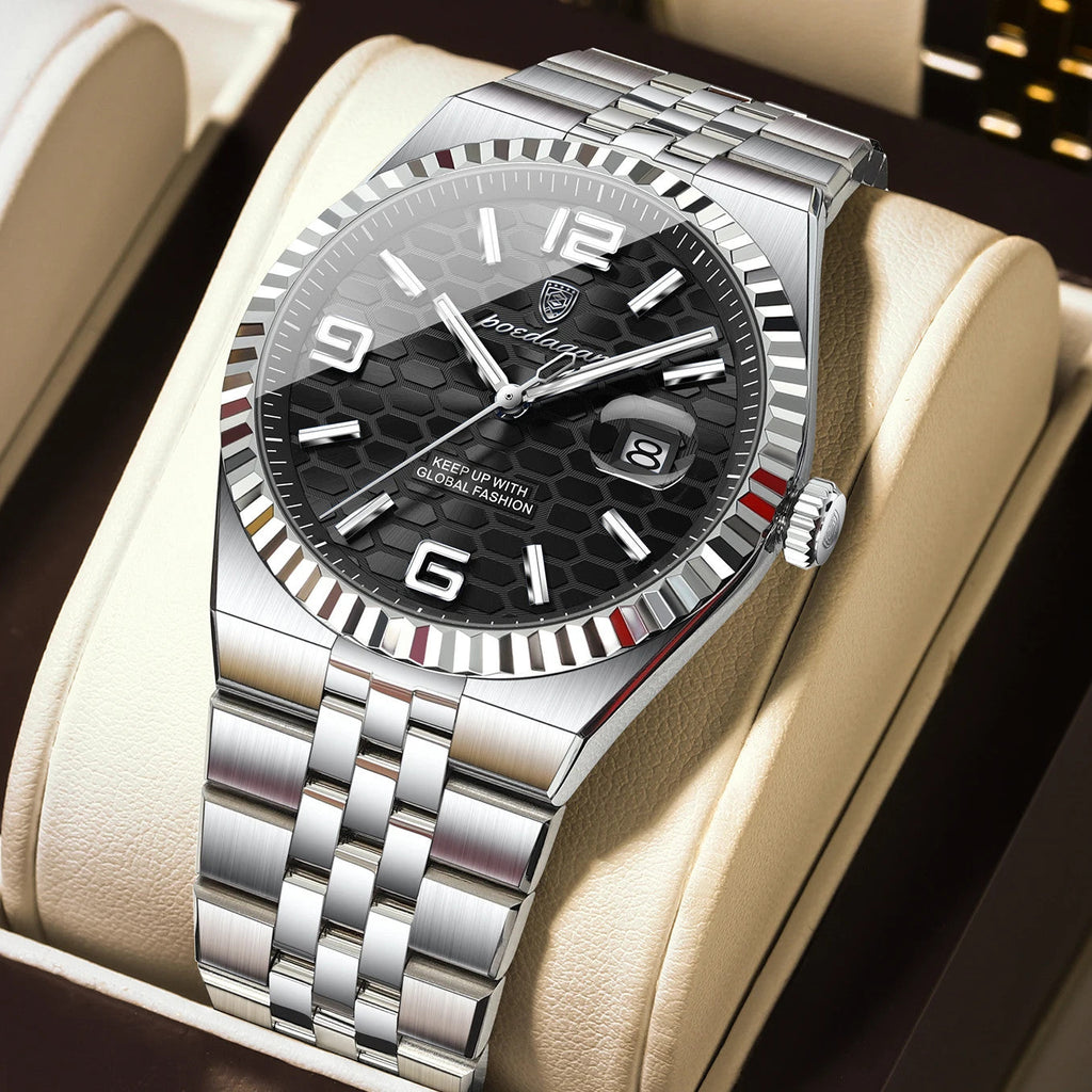 POEDAGAR 839 quartz watch with black dial and silver steel bracelet, front view