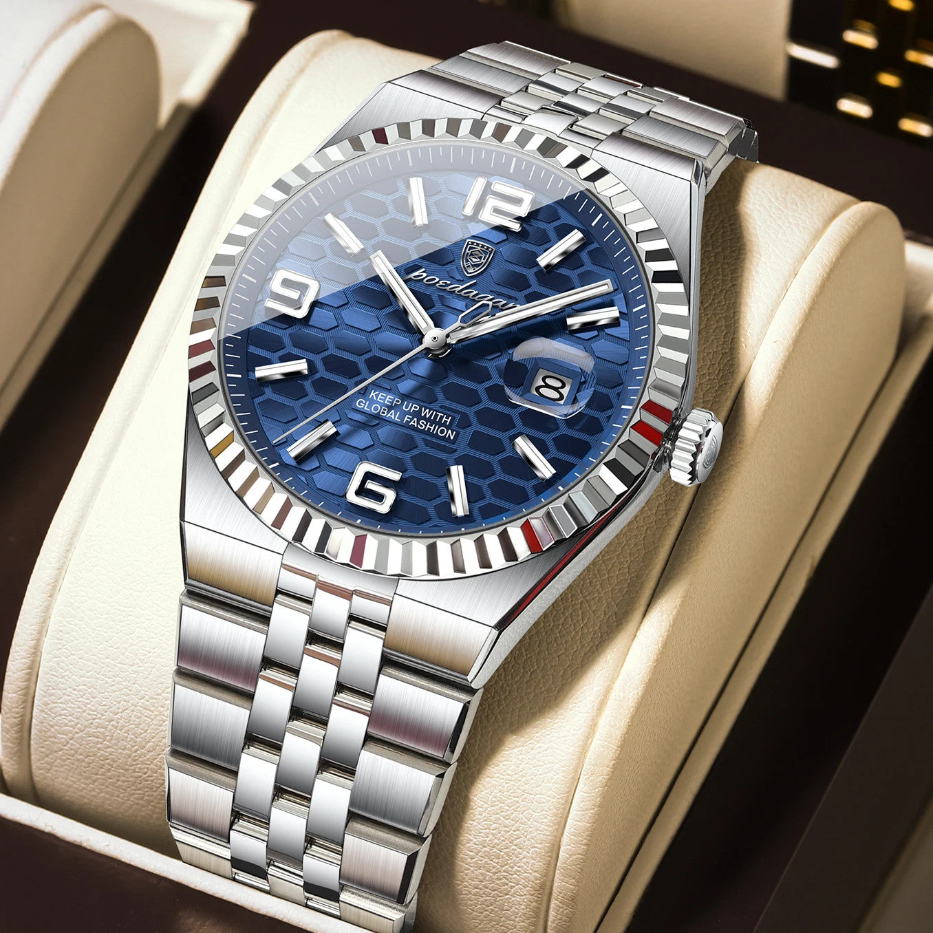 POEDAGAR 839 quartz watch with blue dial and silver steel bracelet, front view