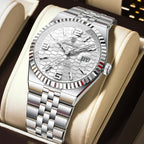 POEDAGAR 839 quartz watch with white dial and silver steel bracelet, front view