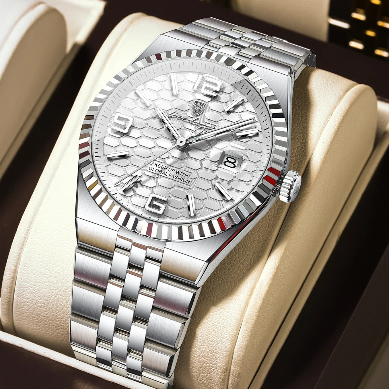 POEDAGAR 839 quartz watch with white dial and silver steel bracelet, front view