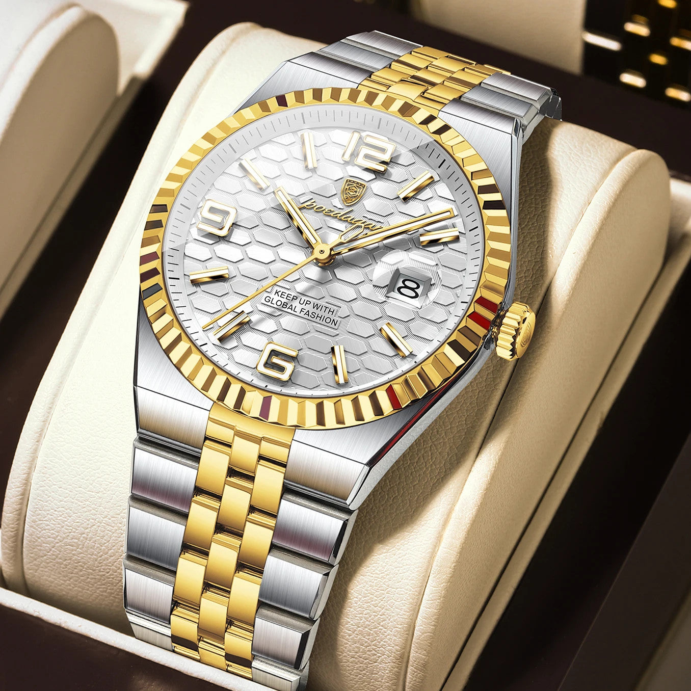 POEDAGAR 839 quartz watch with white dial and two-tone gold silver bracelet, front view