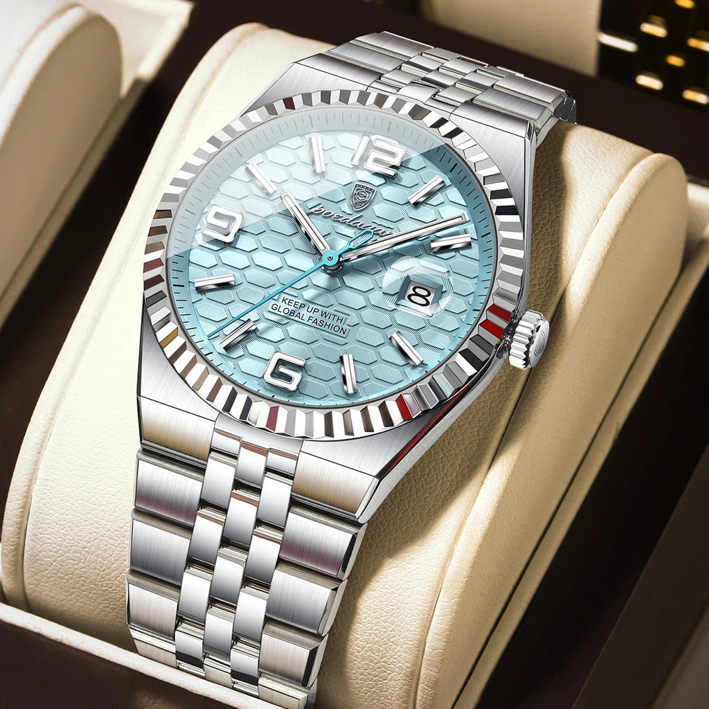 POEDAGAR 839 quartz watch silver case mint blue honeycomb dial angled detail