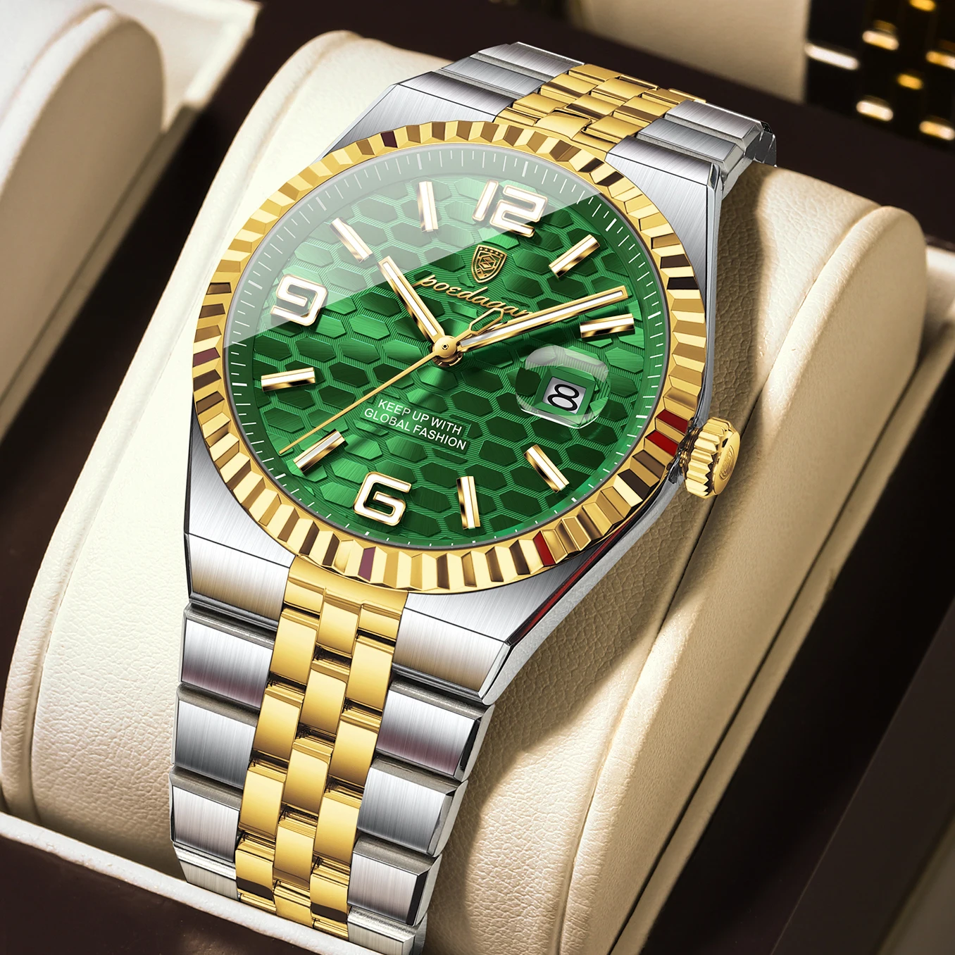 POEDAGAR 839 quartz watch green honeycomb dial with two-tone jubilee bracelet angled detail