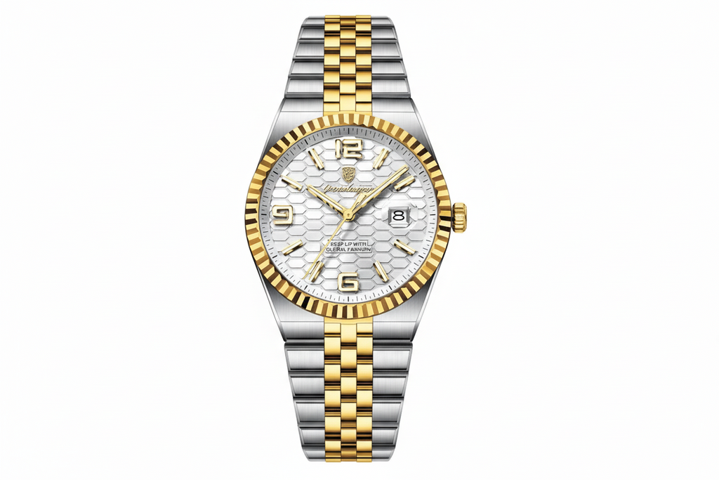 POEDAGAR 839 men's quartz watch with white textured dial and two-tone jubilee bracelet, front