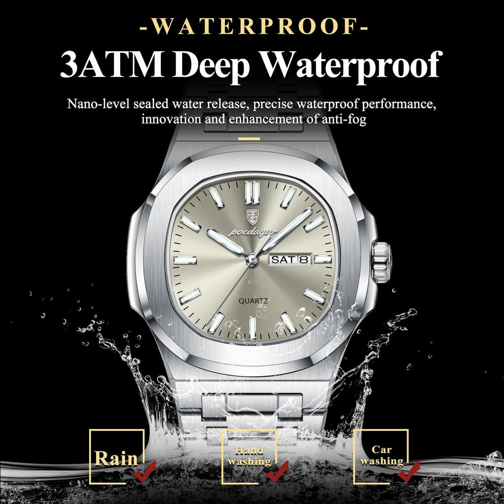 POEDAGAR 853 square quartz watch 3ATM waterproof feature graphic with champagne dial