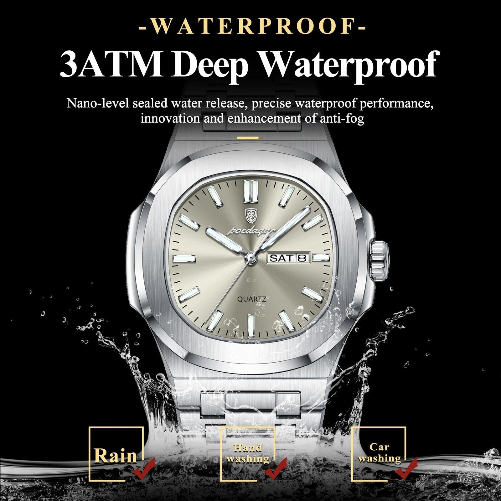 POEDAGAR 853 square quartz watch 3ATM waterproof feature graphic with champagne dial
