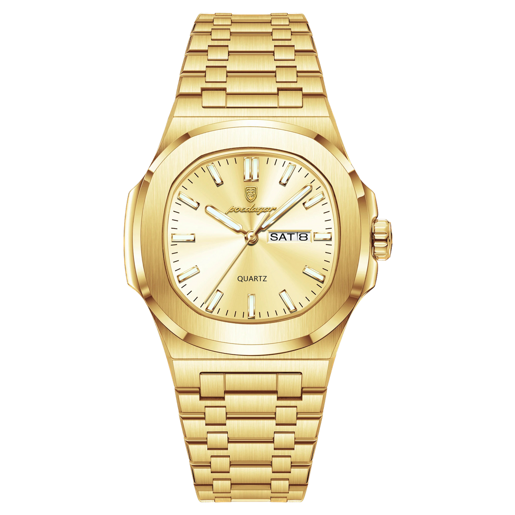 POEDAGAR 853 square quartz watch with gold dial and gold bracelet, front view