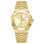 POEDAGAR 853 square quartz watch with gold dial and gold bracelet, front view