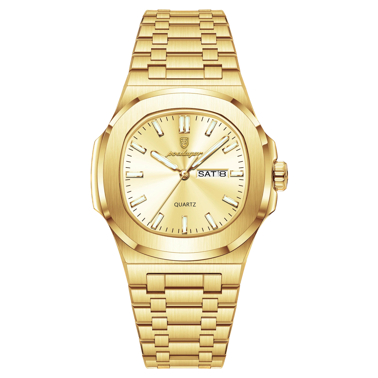POEDAGAR 853 square quartz watch with gold dial and gold bracelet, front view