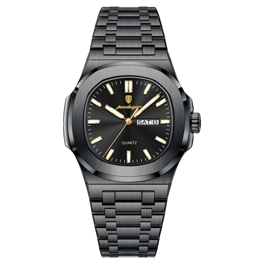 POEDAGAR 853 square quartz watch with black dial and black bracelet, Day and Date display front view